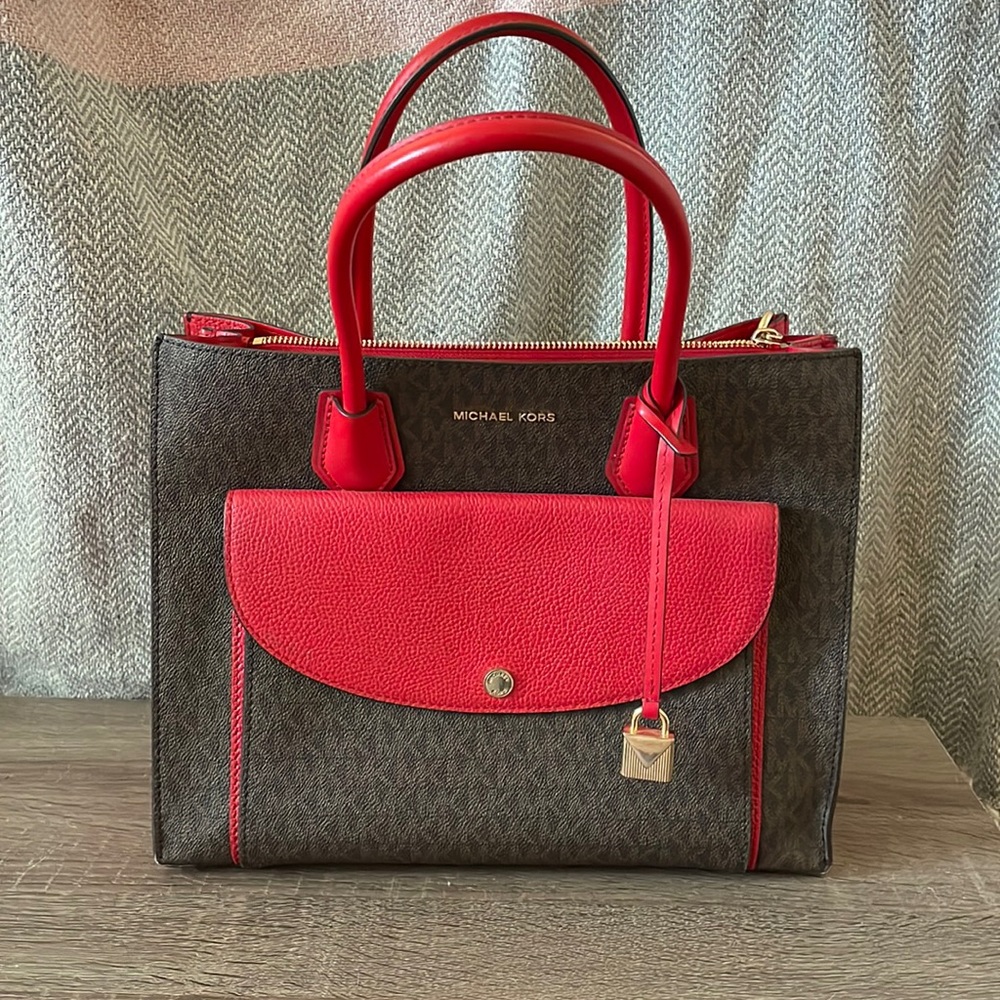 Michael Kors Red and Brown Leather Tote
